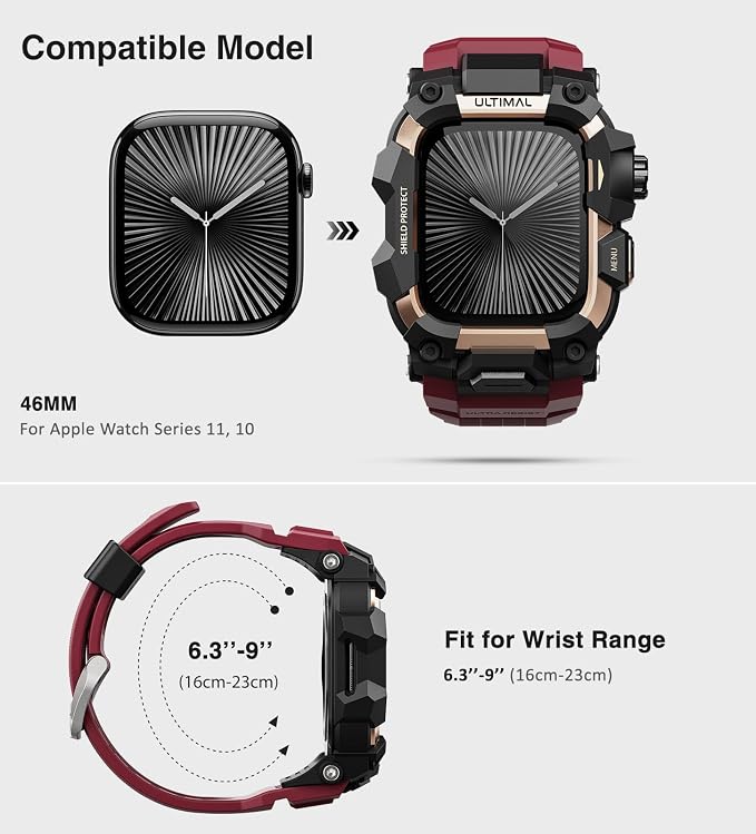 ULTIMAL Rugged Case with Band for Apple Watch 46mm,Compatible with Apple Watch Series 11/10, Military Grade Shockproof Bumper Cover for iWatch Tactical Band Men (46mm,Red)