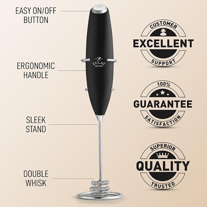 Zulay Kitchen Powerful Milk Frother Wand With Duracell Batteries - Ultra Fast Handheld Drink Mixer - Electric Whisk Foam Maker for Coffee, Lattes, Cappuccino & Matcha - Triple Whisk - Black