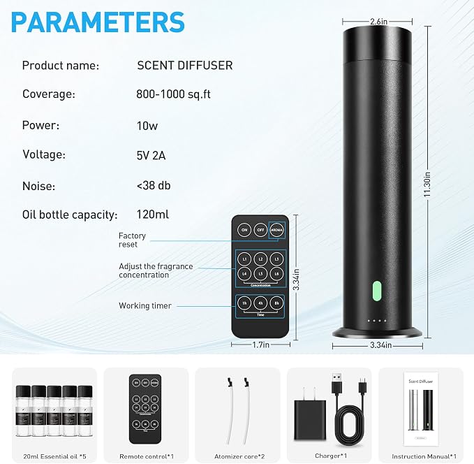 Waterless Scent Diffuser Starter Kit - 1000 Sq Ft Coverage, Hotel Scent Diffuser, Essential Oil Diffuser for Home & Large Room, Included 5 Scent Oils, Remote Control, Black, 11In