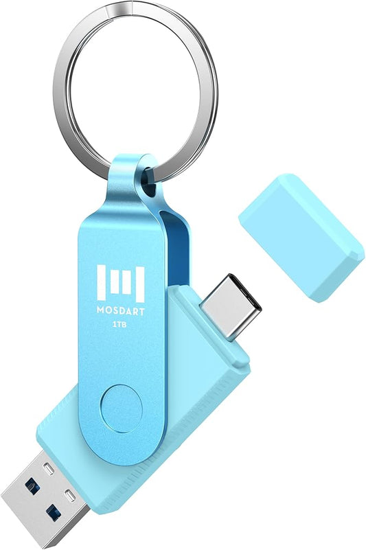 MOSDART 1TB USB C 3.2 Fast Speed C and A Dual Flash Drive, exFAT Memory Stick with Keychain and LED Indicator, for iPhone 15,16,17, Android Phone, iPad, MacBook, and Other Laptops, Sky Blue