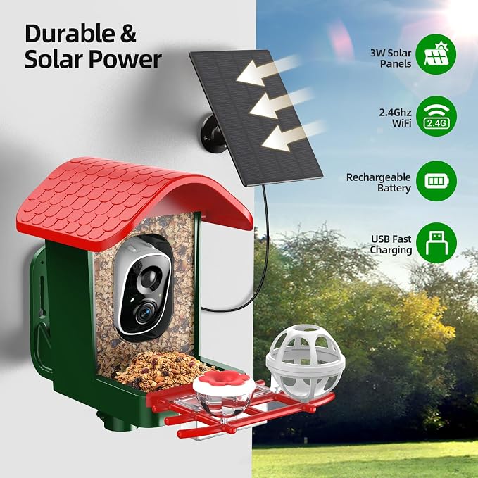 3K HD Smart Bird Feeder with Camera, 2.4GHz WiFi Solar Powered Smart Feeder, AI Bird Species Identification & Real-Time App Alerts, Chew-Proof & Waterproof for Outdoors-1