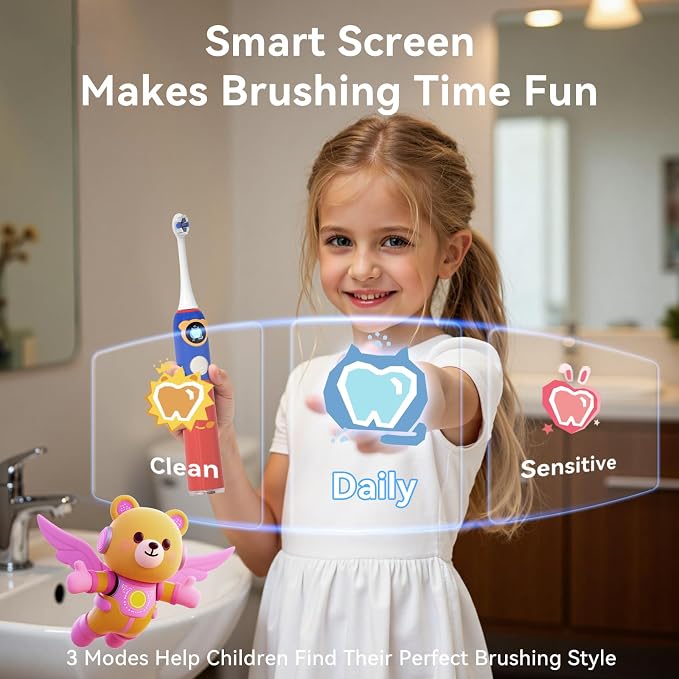 SEAGO Kids Electric Toothbrushes Rechargeable, Sonic Toothbrush with Pressure Sensor, Smart Timer and Silicone Coat, 8 Toothbrush Heads for Ages 3+ Boys Girls (Red)