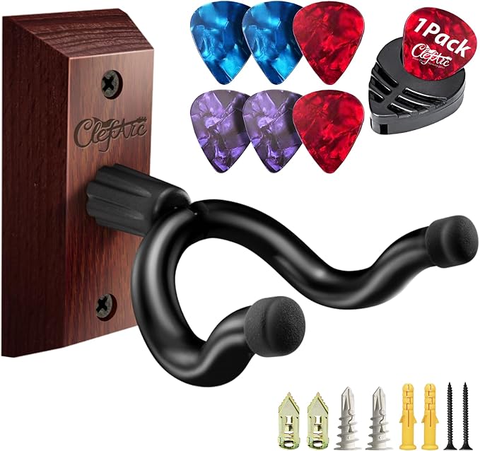 Guitar Wall Mount - Carbonized Red Guitar Wall Hanger, Guitar Picks, Pick Holder, Guitar Accessories, U-Shape Hardwood Guitar Hanger, Gifts for Guitarists, with 6 Assorted Guitar Picks