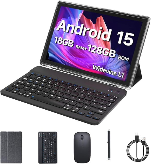 Android 15 Tablet, 10 inch 2 in 1 Tablets with Keyboard, 18GB RAM 128GB ROM 2TB Expand, Quad-Core 2.0Ghz CPU, 5G WiFi 6, BT5.0, 1280x800 HD Touchscreen, 6000mAh, Widevine L1, GMS Tablet, Black