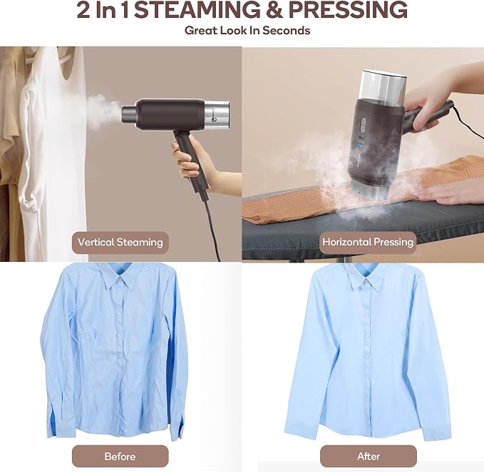 Newbealer Pro Business Travel Steamer, 1200W Dual Voltage, 180ml (Brown) | Foldable & 20s Fast Heat, 360° Anti-Spill Garment Steamer, Solid 1.72 lbs, Auto-Off, for Global Business Trip/Hotel/Office