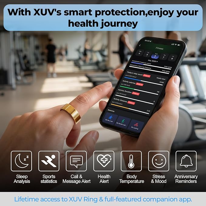 XUV Smart Health Rings for Men, Waterproof Sport Ring with Heart Rate, Blood Oxygen, Sleep, Step Counting, Vibration Alerts Smart Ring, No App fee, Compatible with iOS & Android(Gold, 11)