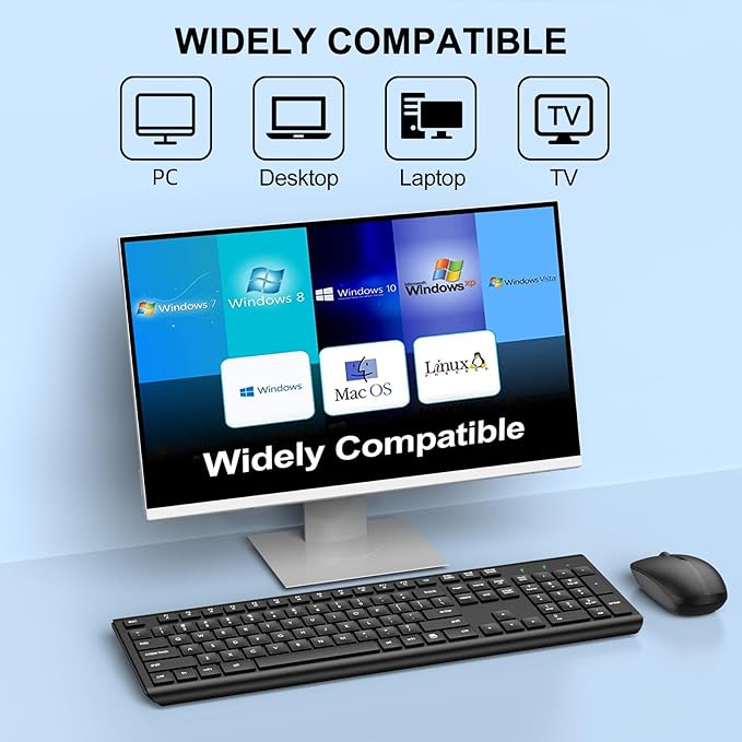 Wireless Keyboard and Mouse Combo, Full-Size Silent Ergonomic Keyboard and Optical Mouse, Long Battery Life, 2.4G Lag-Free Cordless Mice Keyboard for Windows Mac Laptop, PC-8 Packs