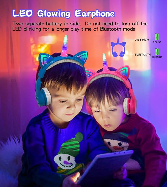 Unicorn Kids Bluetooth Headphones,15 Hours Play time, Toddler Bluetooth Headphones for Girls Boys Laptop Phones,Led Light Up Kids Wireless Headphone for Birthday Travel School Gifts (Blue)