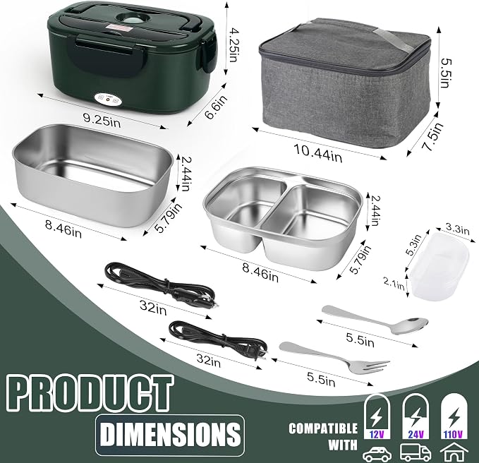 Electric Lunch Box for Adults - 1.5L Single/Double Layer Stainless Steel Food Warmer - 80W Fast PTC Heated Lunchbox, 12V/24V/110V Portable Food Heater for Car&Truck, Office, Camping, Travel(Green)