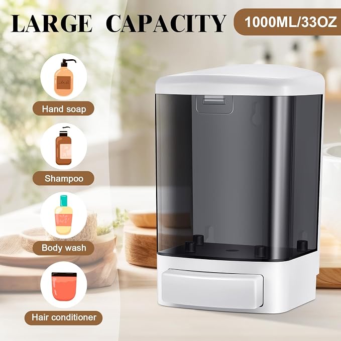 Hushee 8 Pcs Plastic Wall Mounted Soap Dispenser Commercial Manual Soap Containers Wall Dispenser for Kitchen Shower Hotel Liquid Shampoo Gel Chamber (33.8 oz 1000 ml,Black)