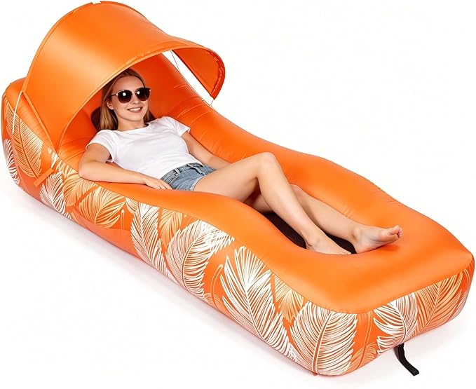 Inflatable Lounger Air Sofa with Unique Sun-Shade, Waterproof Inflatable Beach Bed with Electric Pump, Lightweight Air Hammock Chair for Hiking Backyard Travel Beach Park Picnics（Orange）