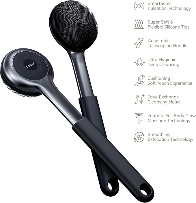 GESKE Sonic Full-Body Brush & Intensive Exfoliator | 8 in 1 | Electric Body Cleansing Brush | With SmartSonic Pulsations | Deep Cleansing, Exfoliation, Massage | Extendable Handle | Rough Skin Remover