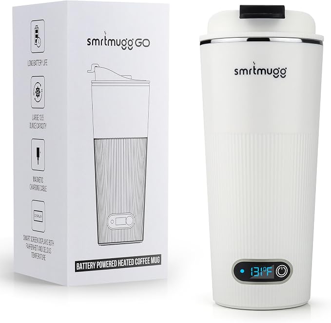 SmrtMugg GO Heated Coffee Mug, Travel Mug, 13.5 OZ. Smart Mug, Battery Powered Heated Coffee Mug, Great for Coffee and Tea, Snap on Magnetic Charging Cord, New and Improved (White)