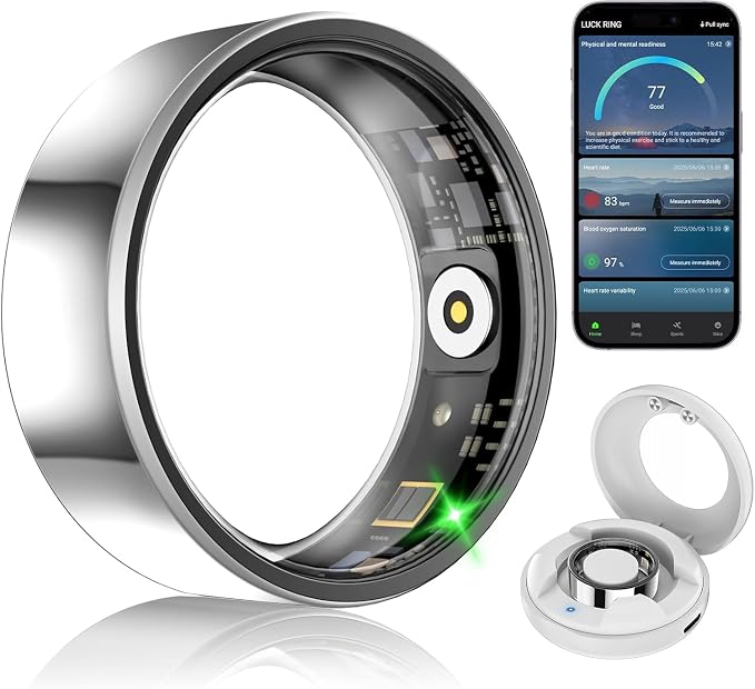 Smart Fitness and Activity Ring for Men and Women - Track Heart Rate Stress Sleep Steps and Blood Oxygen, 10ATM Waterproof Fitness Tracker for iPhone and Android, No Subscription Fee, Size 7
