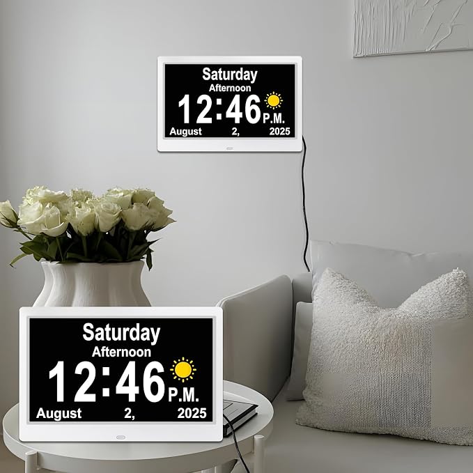 SSYA Dementia Clocks with Day and Date for Seniors,13 Alarms Custom Reminders, Extra Large Digital Calendar Clock for Elderly. (White)