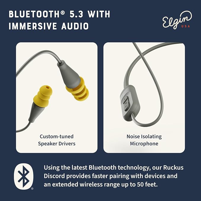 Elgin Discord Gen 2 Bluetooth Earplug Earbuds, OSHA Compliant Noise-Isolating Safety Wireless Headphones, All-Weather Earphones for Industrial Work, and High-Noise Environments
