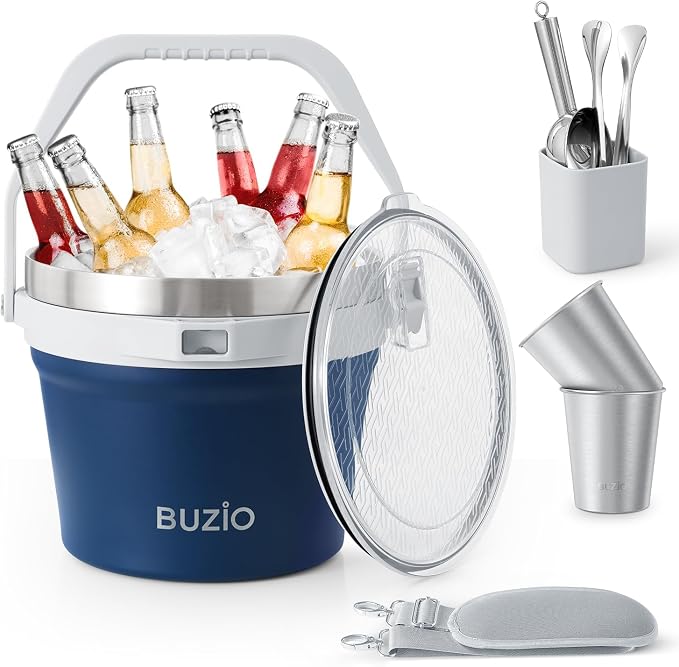 BUZIO 7 L Ice Bucket with Lid, Scoop, Tongs & Metal Cups, Double Wall Vacuum Insulated Stainless Steel Large Bucket with Handle & Adjustable Shoulder Strap, for Cocktail Bar, Blue
