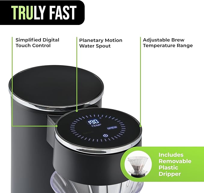 Tru Automatic Pour Over Coffee Maker with Digital Controls - Auto Coffee Maker with Plastic Cone Dripper - Coffee Brewer for Household Use