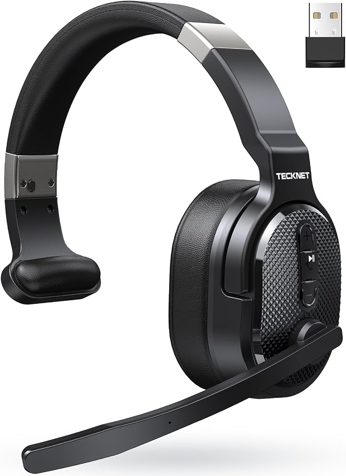 TECKNET Trucker Bluetooth Headset, Stable V5.2 & USB Dongle Connection, 70h Wireless Bluetooth Headsets with Mic and Mute, ENC Noise Canceling, Headset for Truck Drivers, Cell Phone, PC Comfort Office