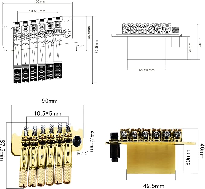 10.5mm Headless Electric Guitar Bridge Gold Brass Block Saddle Hardened Steel Plate 2 point tremolo bridge for Fanned-fret 6 String Headless Electric Guitar Replacement parts