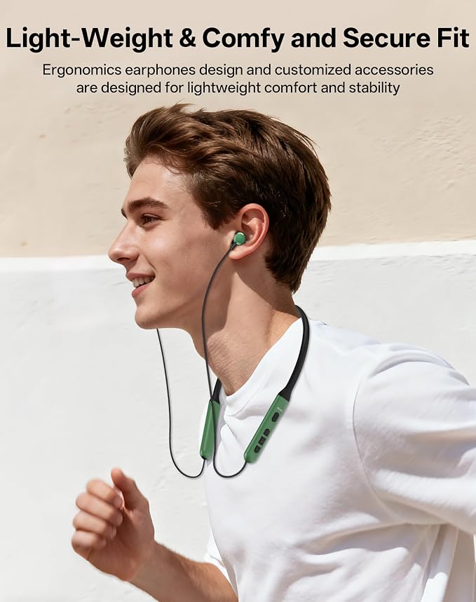 Neckband Bluetooth Headphones, Wireless Bluetooth 6.0 Earbuds with Microphone, Comfortably Light, Deep Bass Earphones 35H Playtime, IPX5 Waterproof, Magnetic Headset for Workout (Olive Green)