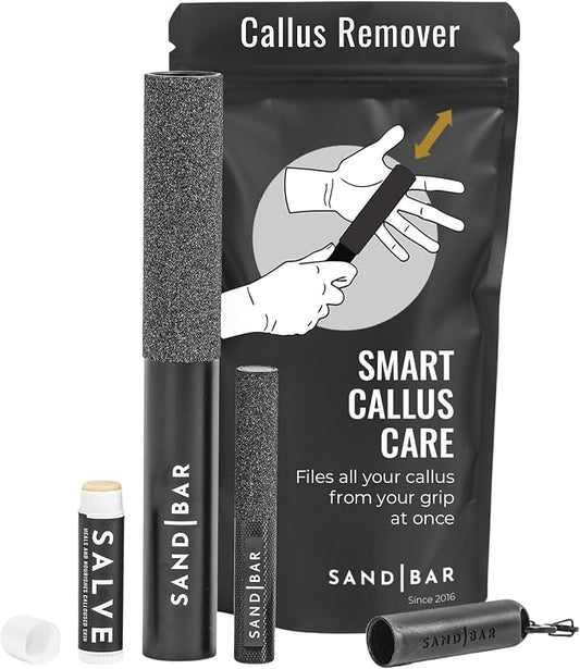 SandBar Ultimate Callus Remover Set - 4" & 8" Files with Moisturizing Salve Balm Stick - Elevating Athletes, Weightlifters & Rock Climbers for Smoother Hands & Feet - Gold (Black) (Flat Black Bundle)