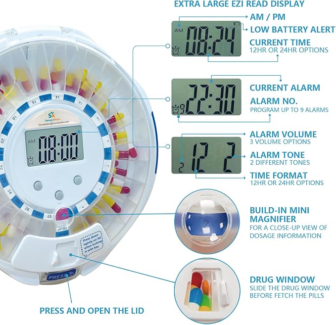 Bluetooth Automatic Pill Dispenser for Seniors – 28-Day Medication Organizer with App Setup, Locking Lid with Keys, Programmable Audio/Visual Alerts for Dementia & Chronic Care