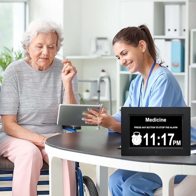 TMC 8 Inch Dementia Clock for Seniors – Large Auto-Dimming Calendar Display with Date & Time, Multi-Language Support, Medicine Reminders & Alarms – Wall or Desk Mount, Integrated Stand (Black, SD)