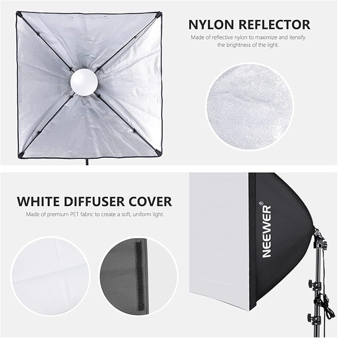 NEEWER 700W Equivalent Softbox Lighting Kit, 2Pack UL Certified 5700K LED Lighting Bulbs, 24x24 inches Softboxes with E26 Socket, Photography Continuous Lighting Kit Photo Studio Equipment