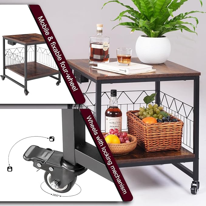 Mini Fridge Stand Heavy-Duty Metal Frame | Built-in 1 USB + 1 Type-C + 2 AC Outlets Rolling Fridge Cart for Dorm, Office, Bedroom | Adjustable Feet & Movable Drawer 19.7" W/D x 22.7" H