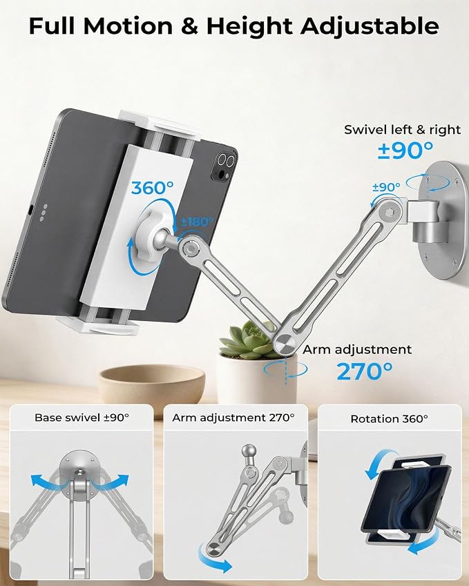 iPad Wall Mount Holder, Heavy Duty Aluminum Tablet Wall Mount, Full Motion Tilt & Swivel Base, Adjustable Foldable for Kitchen, Gym, Fits iPad Pro Air Mini, Galaxy Tab, 4.7-13" Phones & Tablets Silver