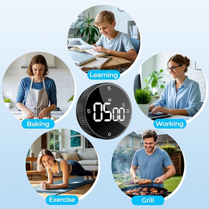 Digital Magnetic Kitchen Timer for Cooking, Large LED Countdown Timer, Rotating Pomodoro Timer, Volume Adjustable, 5/15/25 Min Presets for Kitchen, Baking Grilling Studying