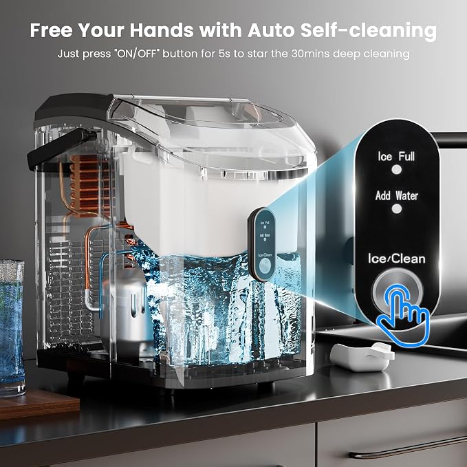 Soft Chewable Nugget Ice Maker, 35Lbs/24Hrs, Self-Cleaning Countertop Pebble Ice Machine with Basket & Scoop for Home, Bar, or Entertaining,Black