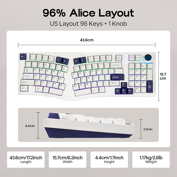 MechLands Feker Alice98 Ergonomic 98 Keys Custom Mechanical Keyboard, VIA Programmable, USB-C Wired Gaming Keyboard, Hot Swappable, 5 Layer Paddings, Control Knob, NKRO, RGB for Win/Mac (White)