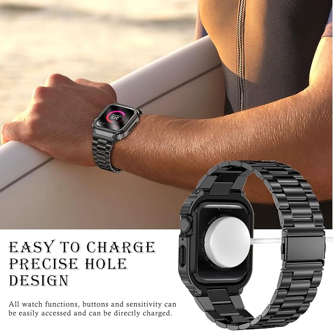 MioHHR Stainless Steel Band and Case Compatible with Apple Watch Band 44mm 42mm (Series 3/2/1), Men Metal Protective Bumper Cover for iWatch Series 6/5/4/3/2/1/SE/SE2/SE3, Black
