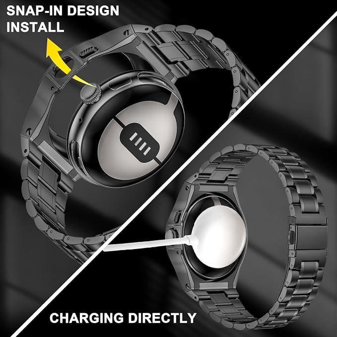 SUPLINK Metal Case and Bands Compatible with Google Pixel Watch Bands/2/3 Band 41mm Men,Stainless Steel Protective Rugged Case Wristbands for Pixel Watch 2 Band Accessor, Space Gray