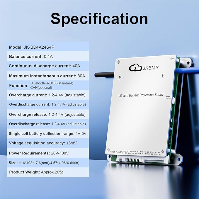 JKBMS Smart BMS 8S-24S 40A Active Balancer JK-BD4A24S4P | JK BMS for LiFePO4 Li-ion LTO batteries with Bluetooth and RS485, 0.4A active balancing and multi protection system