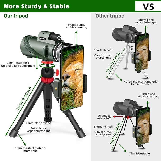 40x60 High Power Monocular Telescope | Comes with Smartphone Adapter Tripod Travel Bag | Bird Watching Hunting Hiking Camping Gift