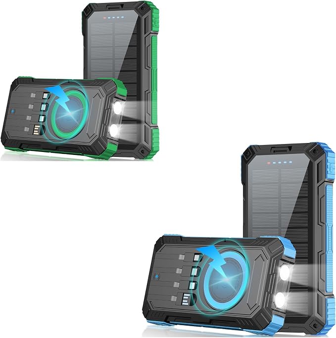 Solar Power Bank 49800mAh 22.5W QC3.0 Fast Charging Built in 4 Cables andNymzixt Solar Power Bank 20000mAh Portable Charger Built-in 3 Cables and Wireless Charging