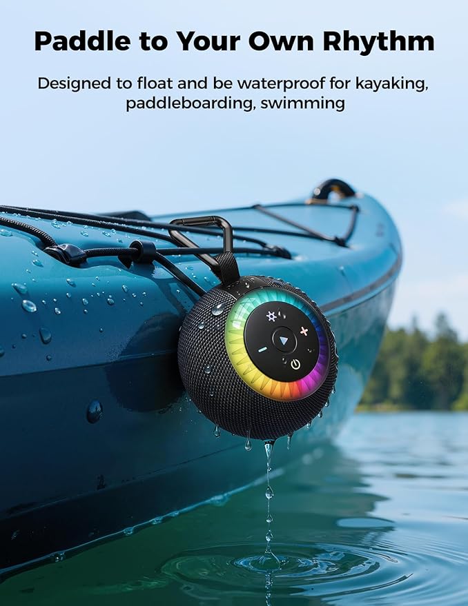 Bluetooth Shower Speaker Waterproof IPX7: Removable Vacuum-Lock Suction Cup, 360° Surround Sound, RGB Light, Portable Wireless Speaker for Beach, Pool, Kayak, Back to School Gifts for Adult Teen-Black
