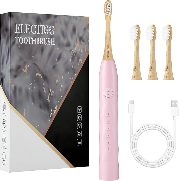 Electric Toothbrush with 4 Bamboo Heads, Bamboo Electric Toothbrush for Adults, Soft Castor Oil Bristles, 5 Modes, Smart Timer, Sonic Technology, IPX7 Waterproof, 60-Day Battery Life-Pink