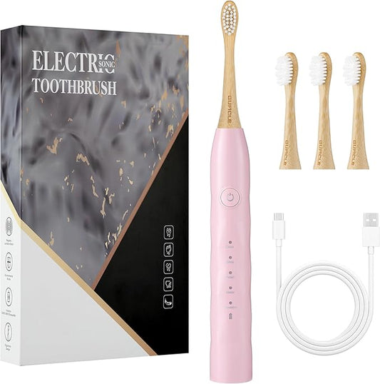 Electric Toothbrush with 4 Bamboo Heads, Bamboo Electric Toothbrush for Adults, Soft Castor Oil Bristles, 5 Modes, Smart Timer, Sonic Technology, IPX7 Waterproof, 60-Day Battery Life-Pink