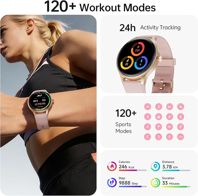 Woneligo Smart Watch for Women,1.57inch AMOLED Touchscreen Fitness Watch for iPhone & Android,Heart Rate/Sp02/Sleep Monitor,110+ Sport Modes IP68 Waterproof Bluetooth Calls,2 Bands (Pink, 1.57)