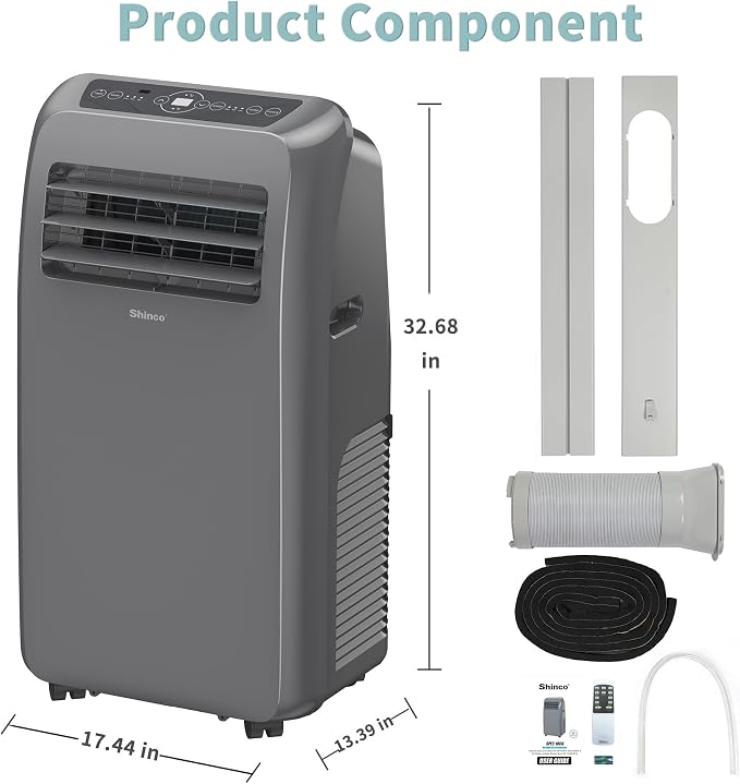 Shinco 10,000 BTU Grey Portable Air Conditioner - 3-in-1 Cool/Dehumidifier/Fan for Rooms Up to 400 sq.ft, Remote Control & 24H Timer, Compact AC Unit for Bedroom/Office