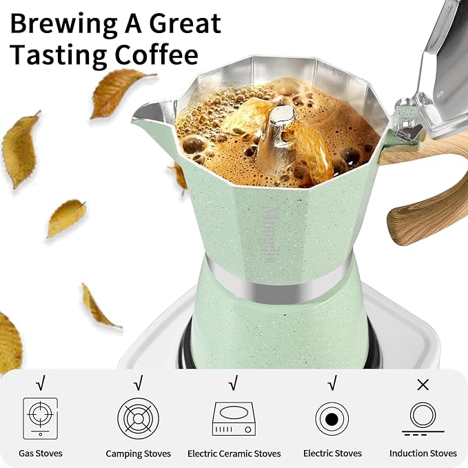 Mongdio Stovetop Espresso Maker Moka Pot, Cuban Coffee Maker Stove top coffee maker Moka Italian Espresso Greca Coffee Maker Brewer Percolator, 6 Espresso Cups, 10 oz - Green