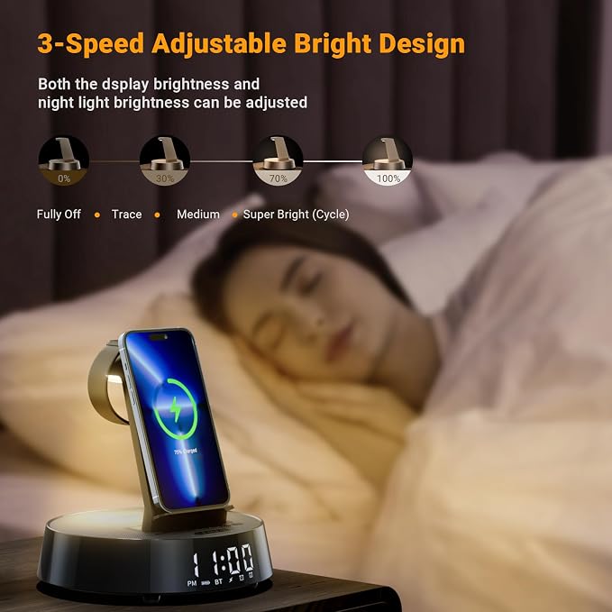 Alarm Clock with Wireless Charging Station, Clock for Bedroom with Night Light Bluetooth Speaker, Wireless Charger Dock Station for iPhone 17 16 15 14 13 12 Pro Max, Apple Watch 11, AirPods 3 (Black)
