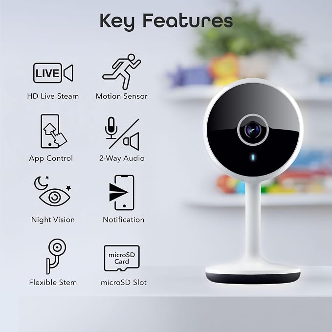 Geeni Vivid Indoor Smart Security Camera – HD Live Stream Camera for Indoor Home Monitoring with Night Vision, 2-Way Audio, Flexible Mount, Micro SD Slot, Motion Detection & App Control – 1Pack, White
