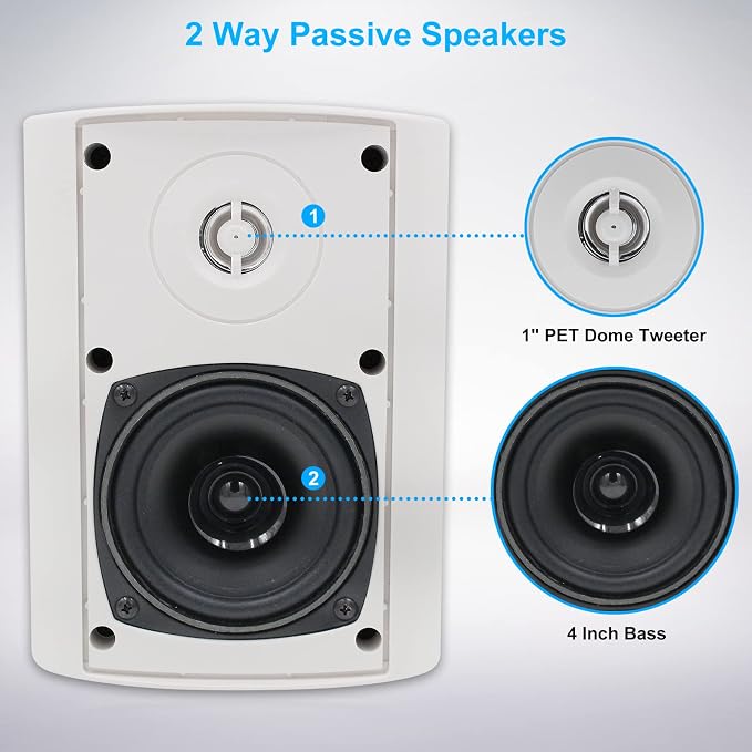 Herdio 4 Inches Passive Indoor Outdoor Speakers Waterproof Wired 200 Watt with Powerful Bass,Wall Mount Speakers for Patio Garage Covered Deck