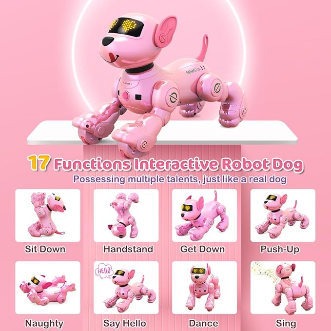 VATOS Rechargeable Robot Dog for Kids, Remote Control Robotic Dog with Programmable, 17 Interactive Functions & Volume Adjustable, Singing Dancing Robot Dog Toy Gift for Girls 3-8 Years Old, Pink