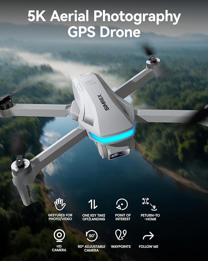 SIMREX GPS Drone with Camera for Adults 4K, Brushless Motor Drones for Beginners ,5G WiFi FPV Foldable, Auto Return , Optical Flow & Altitude Hold,Gesture Control,Follow Me, Waypoint Flight, Toys Gifts for Kid Teen Boys (Gray)